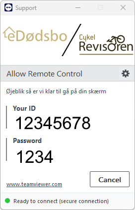 TeamViewer Quick Support vindue med ID og adgangskode