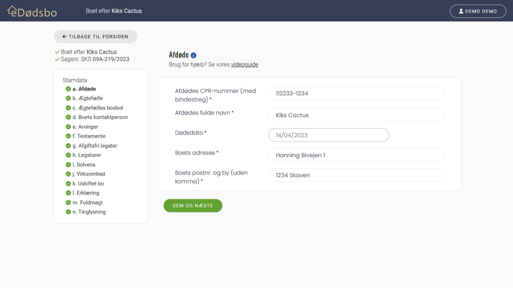 Screenshot af eDødsbo app - Udfyld sag